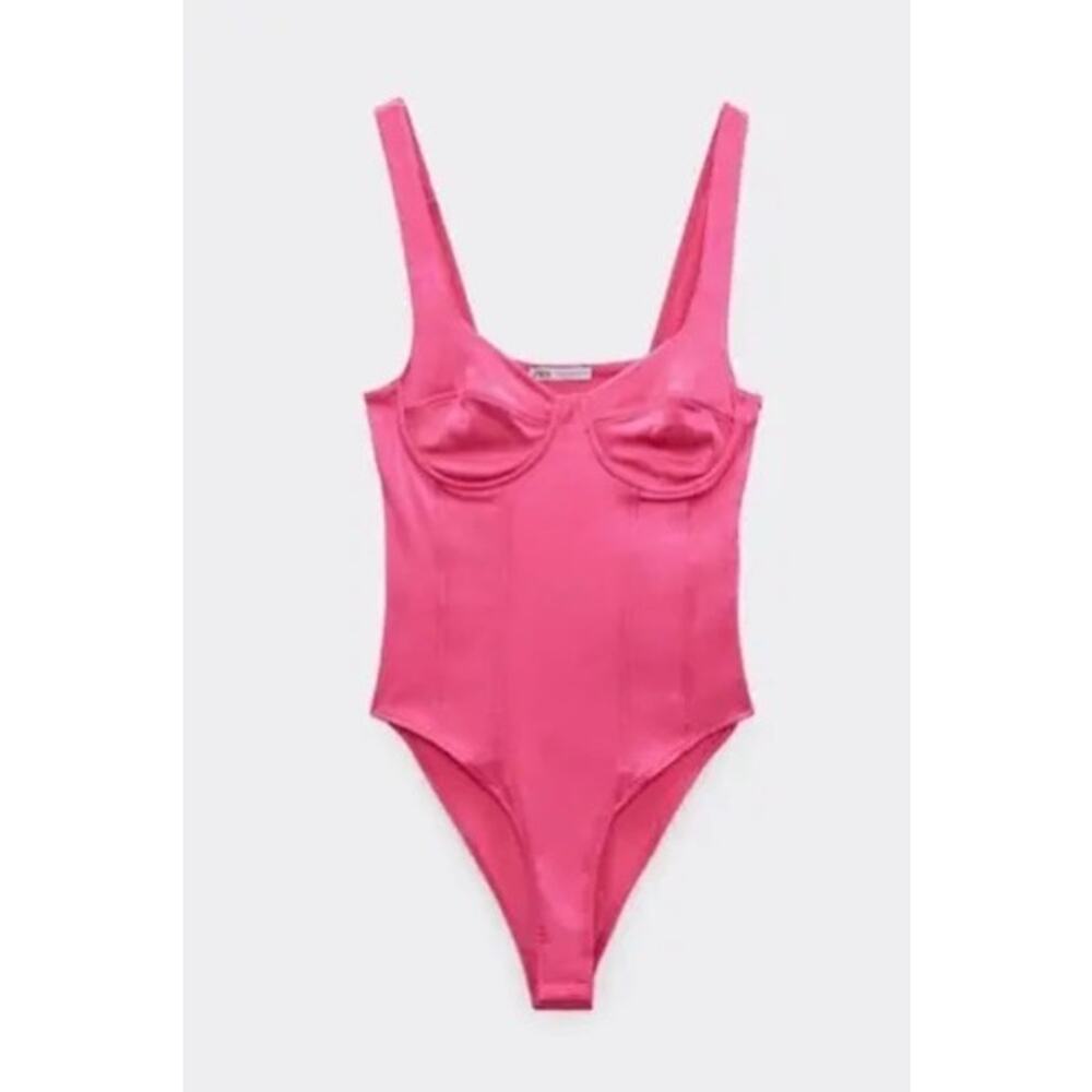 Zara Women’s Hot Pink Satin Bodysuit NWOT M